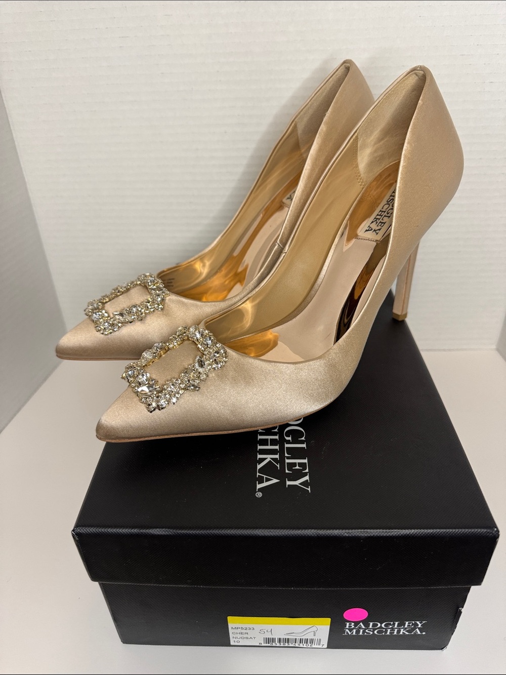 Badgley Mischka Cher Nude/Gold Satin Pointed Toe Heels with Crystal Buckles, 10